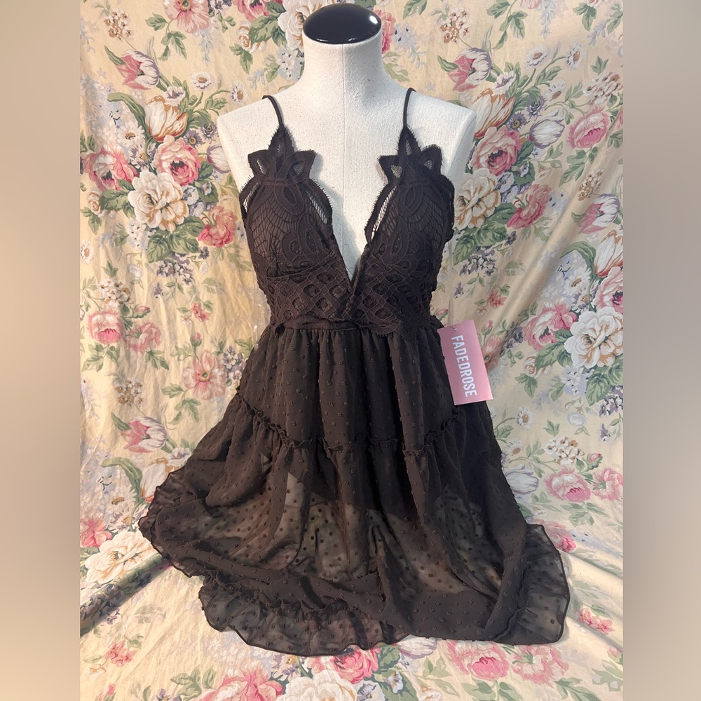 Brown Lace Tiered Mini Dress with Plunge V-Neck